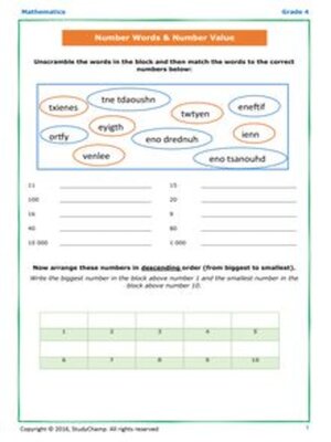 cover image of Grade 4 Maths Worksheet: Number Words and Number Value
